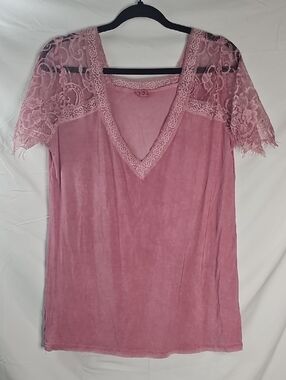 POL Womens Soft Pink Washed Boho V-neck Knit Top Sheer Lace Sleeves Large